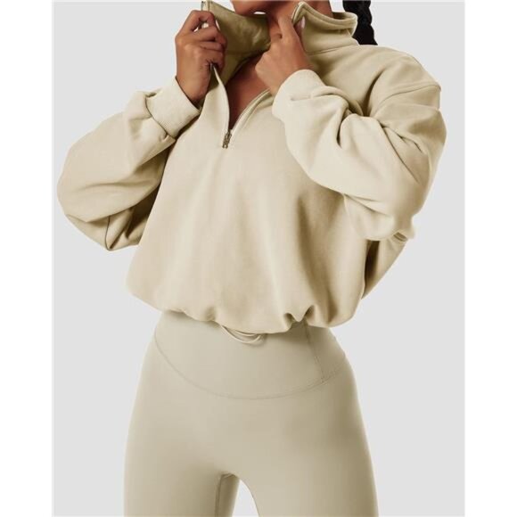 Women's Half Zip High Neck Crop Sweatshirt Long Sleeve Pullover Athletic Top - Picture 3 of 8